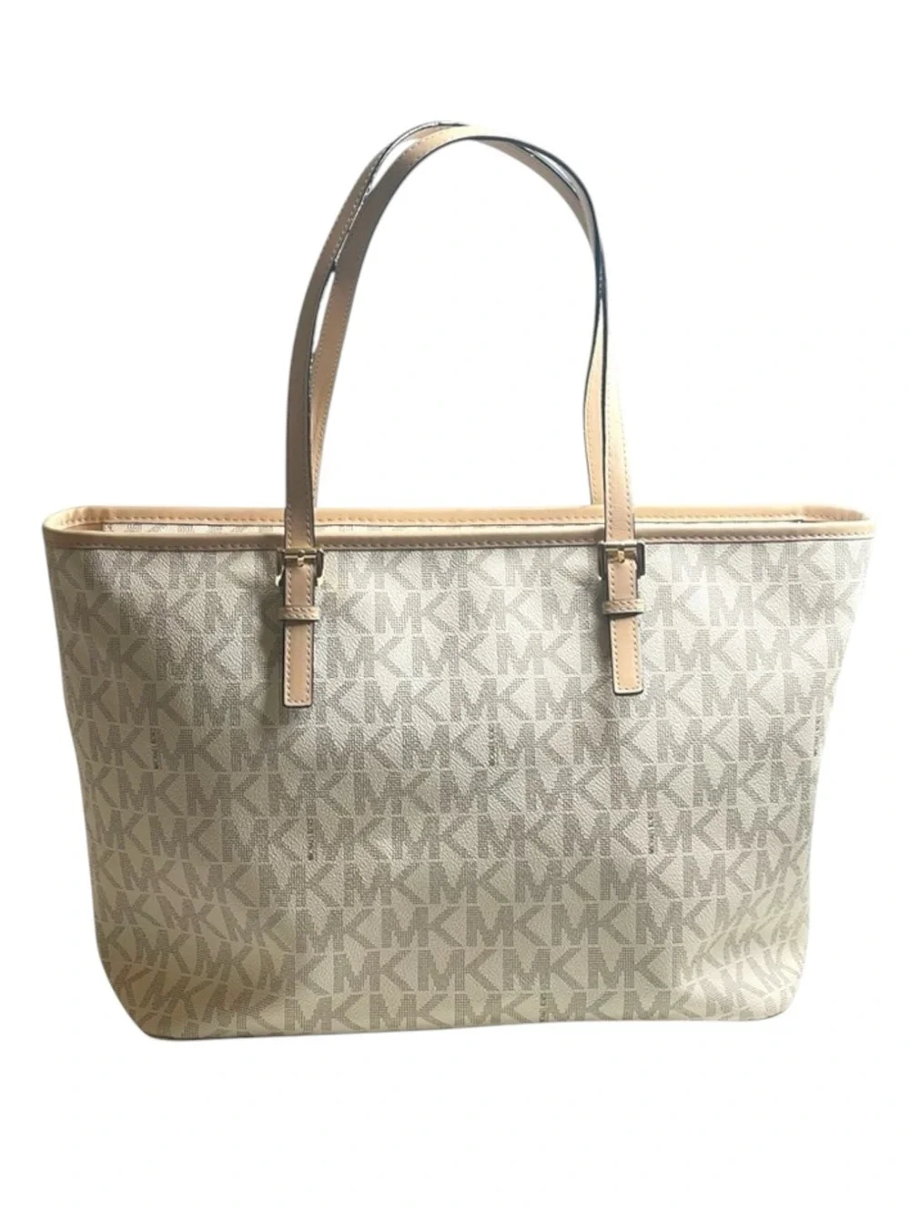 Michael Kors  Jet Set Med Logo Top Zip Tote Handbag  Vanilla Natural Leather 